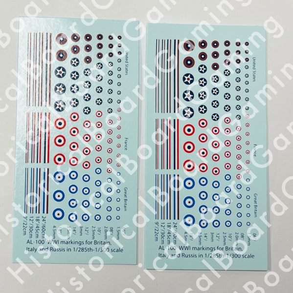 AL-100 Decal Sheet, Allied WW1 Decal Sheets 1/285, 1/300, 6mm Aircraft