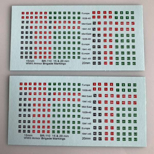 BR-110 Decal Sheets, British 1/100, 1/120, 15mm WWII Armor Brigade Marking