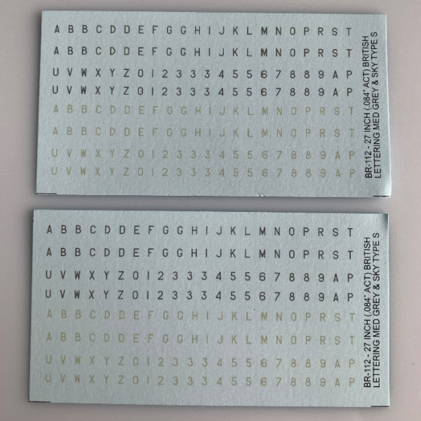 BR-112 Decal Sheet, British WWII 1/300th aircraft, 24" lettering in Sky and Medium Grey