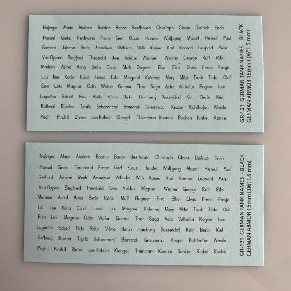 GR-121 Decal Sheet, German Tank Names (Black), 15mm