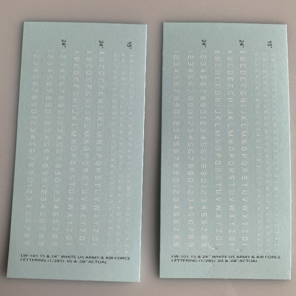 LW-101 decal Sheet, White Letter & Single Digit Numbers US Army & Airforce