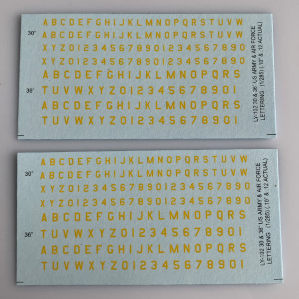 LY-102 Decal Sheet, Yellow Letter & Single Digit Numbers US Army & Airforce