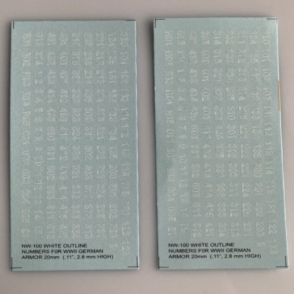 NW-100 Decal Sheet, AAFV Numbers. Black outline, white center