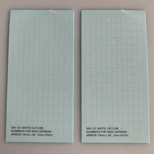 NW-101 Decal Sheet, AFV Numbers. White outline, clear center
