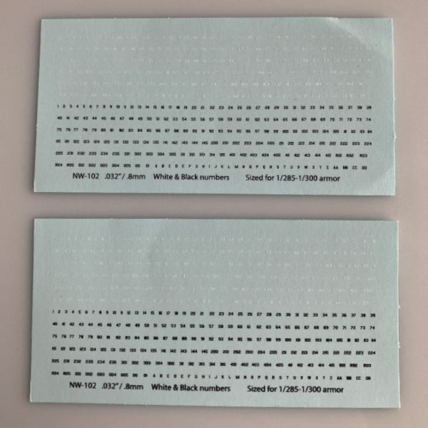 NW-102 Decal Sheet, White AFV Numbers, 1/285,1/300 Armor