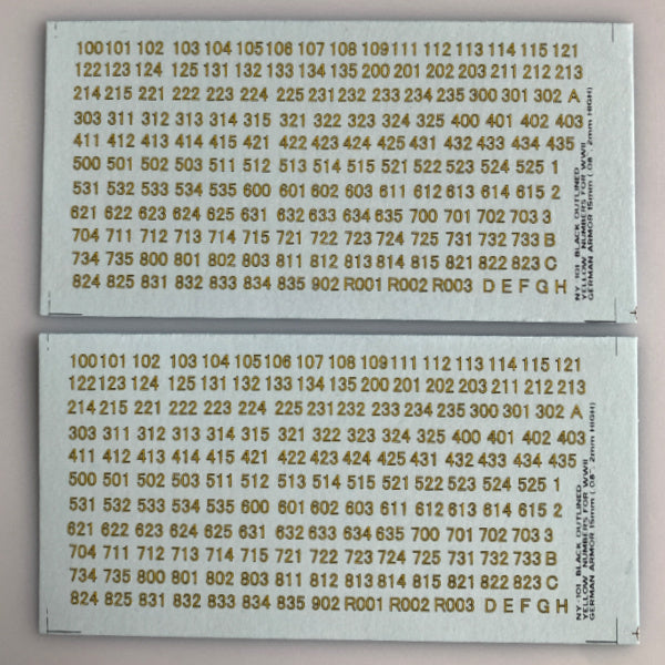 NY-101 Decal Sheet, AFV Numbers. Black outline, yellow center