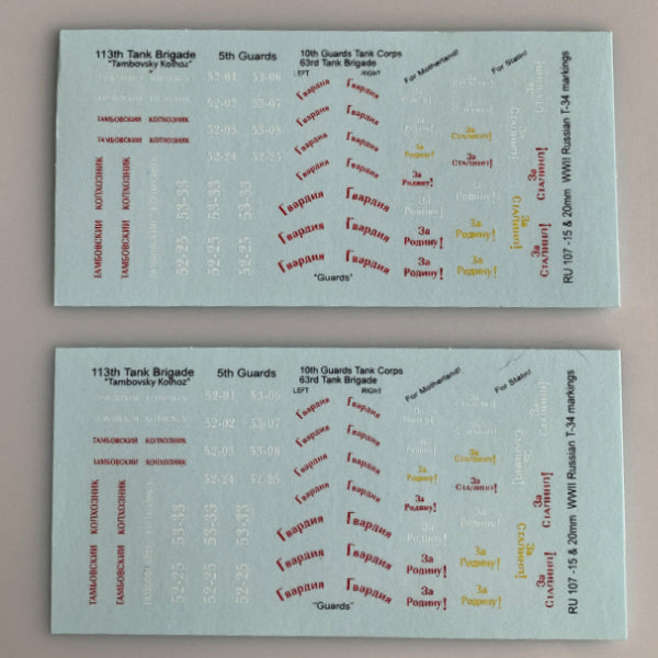 RU-107 Decal Sheets, Russian WWII 15 & 20mm AFV markings