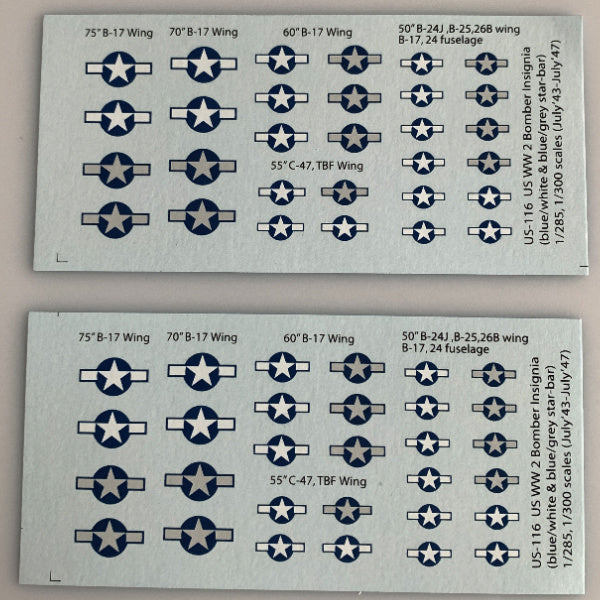 US-116 Decal Sheets, 1/200, 1/285, U.S. Bomber Insignia