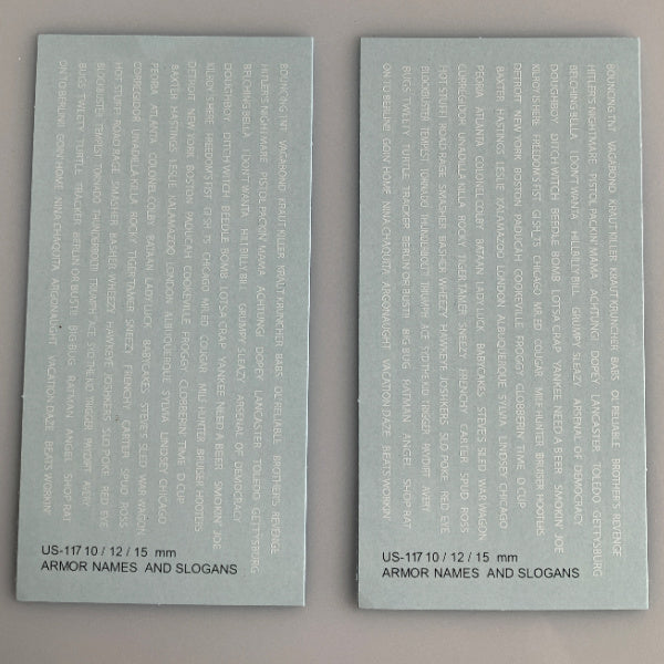 US-117 Decal Sheets, US Armor names and slogans