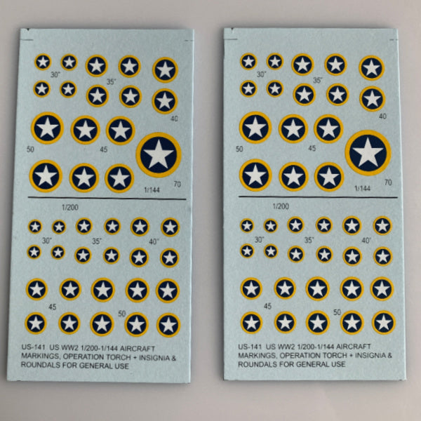 US-141 Decal Sheet, US WW2 white star/ blue field / yellow surround