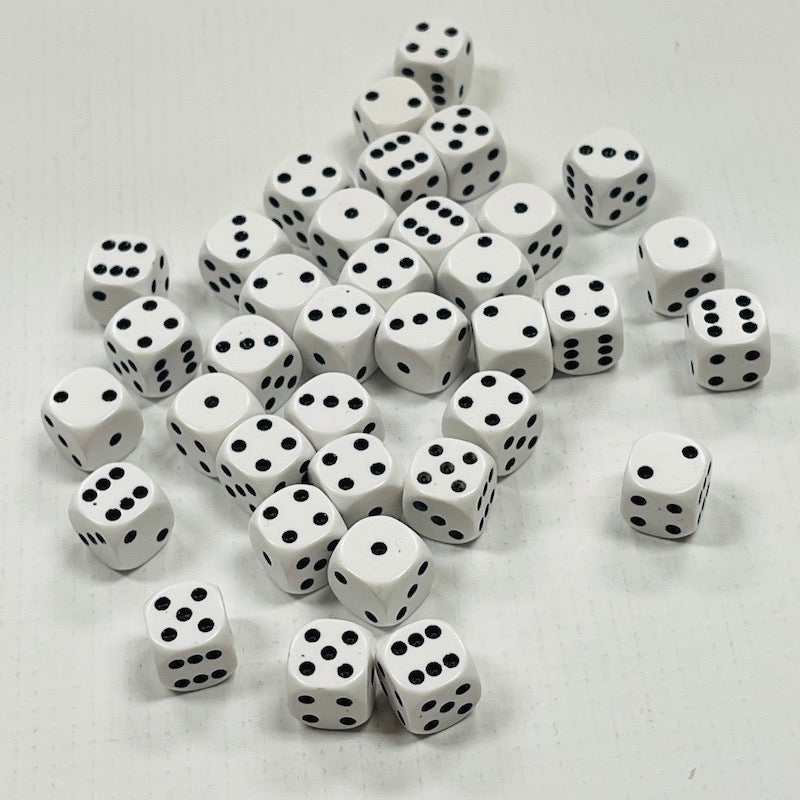 Opaque 12mm Dice w/ Rounded Corners White w/Black Pips (36 Pk)