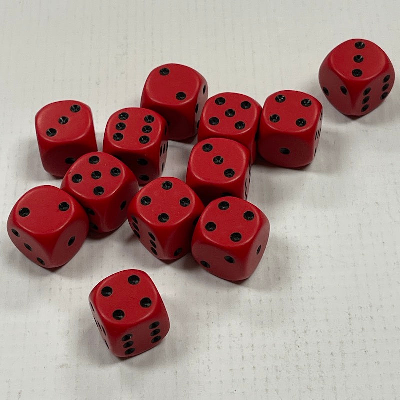 Opaque 16mm Dice w/ Rounded Corners Red w/Black Pips (12 Pk)