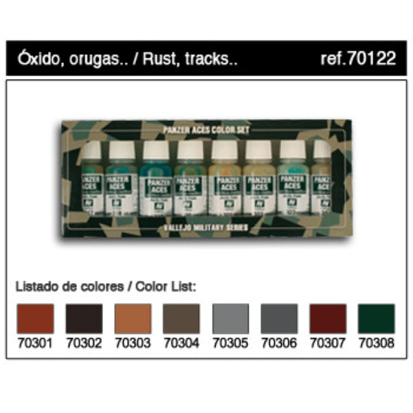 Vallejo, Panzer Aces Rust, Tracks, and Rubber Paint Set #1 - 17ml Bottle (8/Set)