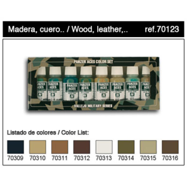 Vallejo, Panzer Aces Wood, Leather, and Stencil Paint Set - 17ml Bottle (8/Set)