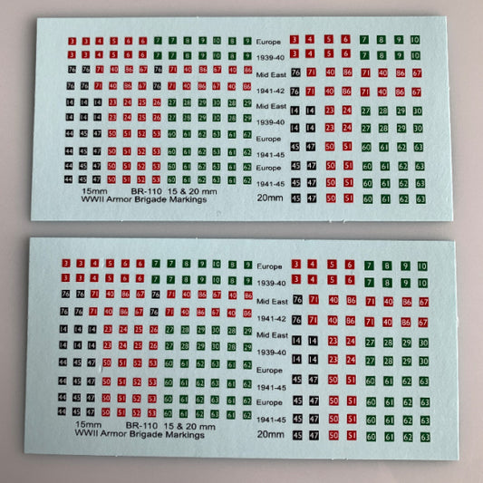 BR-110 Decal Sheets, British 1/100, 1/120, 15mm WWII Armor Brigade Marking