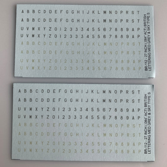 BR-112 Decal Sheet, British WWII 1/300th aircraft, 24" lettering in Sky and Medium Grey