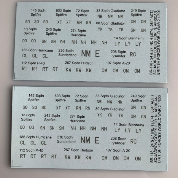 BR-118 Decal Sheets, British Squadron Codes for N. African Aircraft