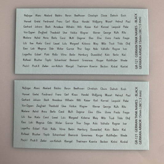 GR-121 Decal Sheet, German Tank Names (Black), 15mm
