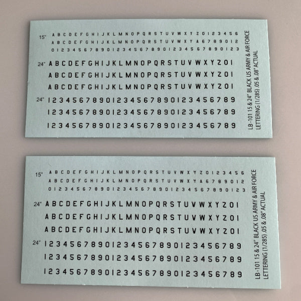 LB-101 Decal Sheet, Black Letter & Single Digit Numbers US Army & Airforce