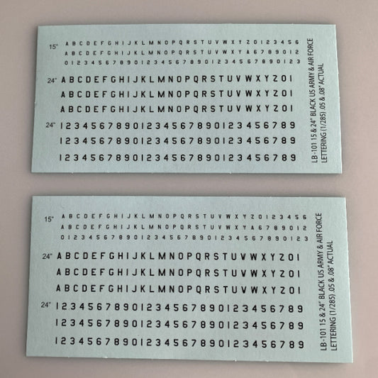 LB-101 Decal Sheet, Black Letter & Single Digit Numbers US Army & Airforce
