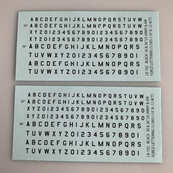 LB-102 Decal Sheet, Black Letter & Single Digit Numbers US Army & Airforce