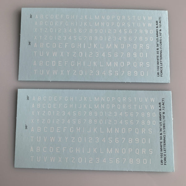 LW-102 Decal Sheet, White Letter & Single Digit Numbers US Army & Airforce