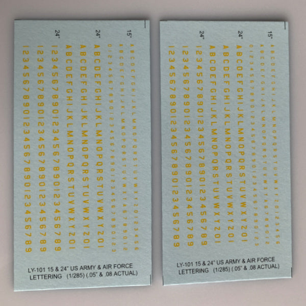 LY-101 Decal Sheets, Yellow Letter & Single Digit Numbers US Army & Airforce