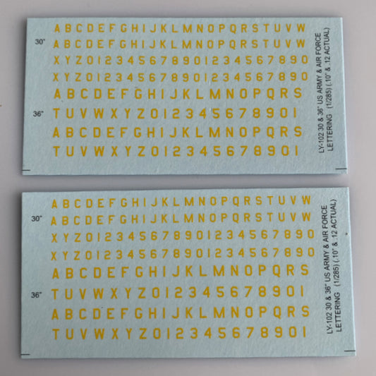 LY-102 Decal Sheet, Yellow Letter & Single Digit Numbers US Army & Airforce