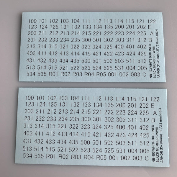 NB-103 Decal Sheets, White Outline, Black Center