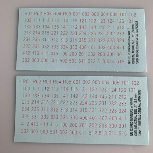 NR-103 Decal Sheet, AFV Numbers. White outline, red center