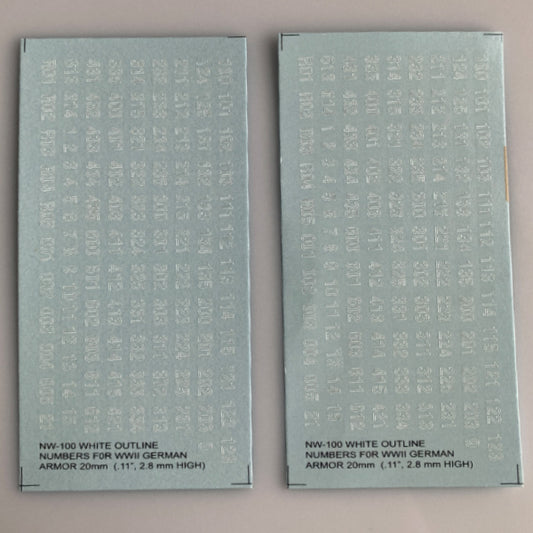 NW-100 Decal Sheet, AAFV Numbers. Black outline, white center