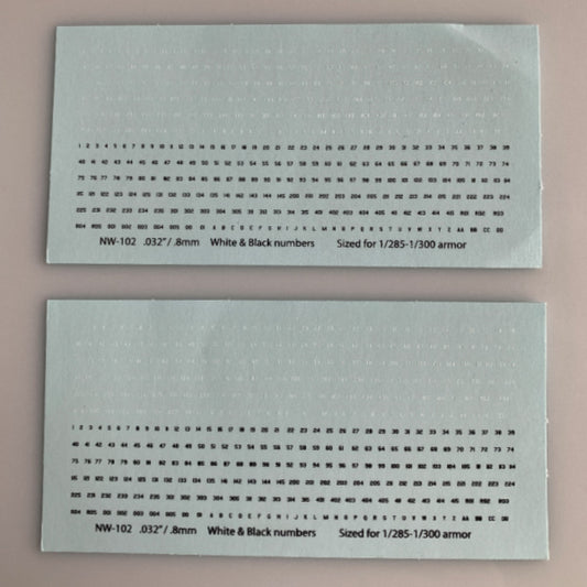 NW-102 Decal Sheet, White AFV Numbers, 1/285,1/300 Armor