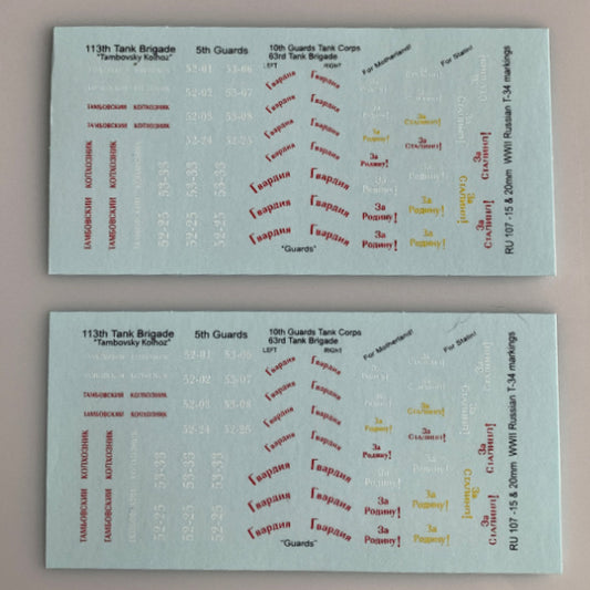 RU-107 Decal Sheets, Russian WWII 15 & 20mm AFV markings