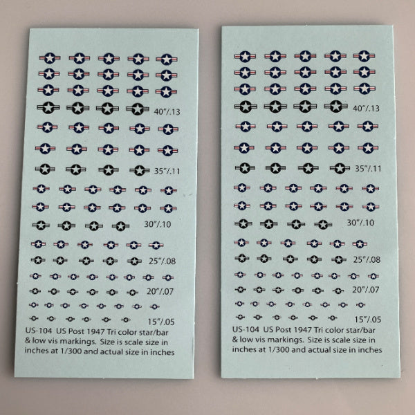 US-104 Decal Sheet, U.S. 1947-P 3 color Star & Bar Insignia Aircraft