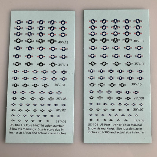 US-104 Decal Sheet, U.S. 1947-P 3 color Star & Bar Insignia Aircraft