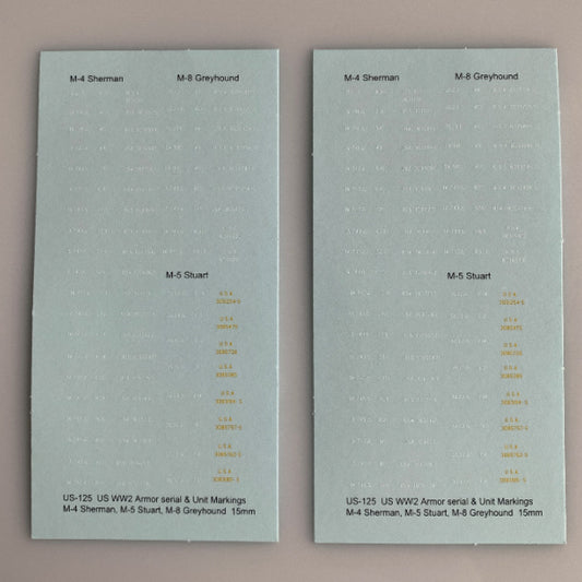 US-125 Decal Sheet, US 15mm WWII armor serial and unit markings