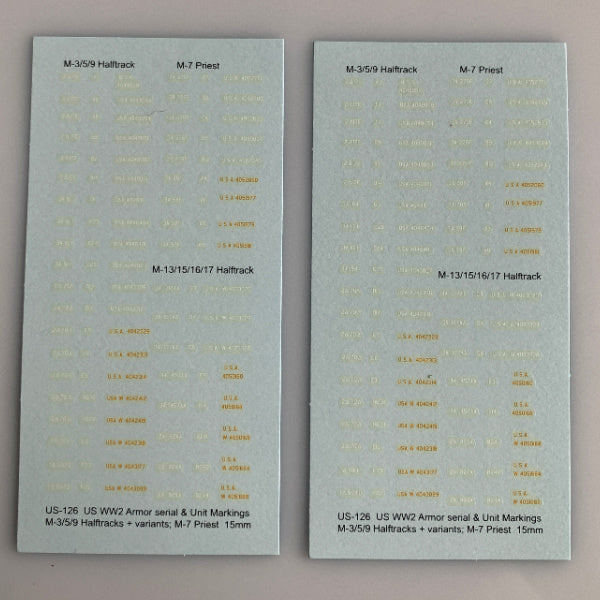 US-126 Decal Sheet, US 15mm WWII armor serial and unit markings