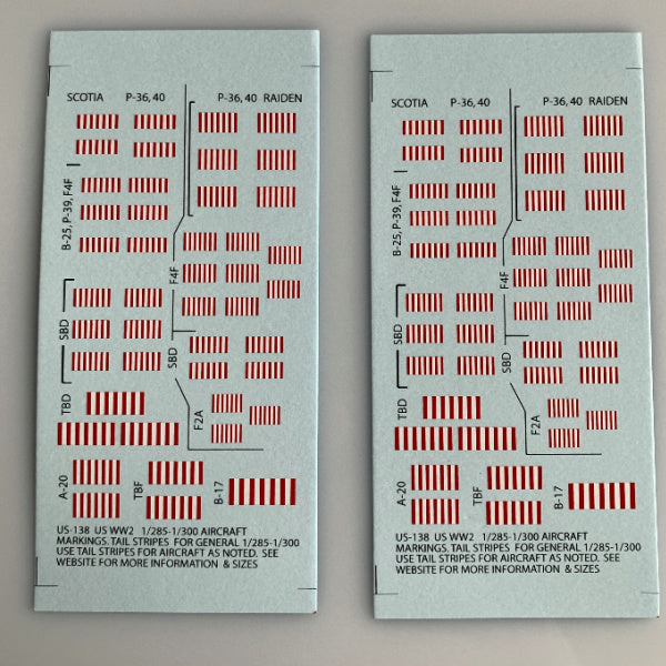US-138 Decal Sheets, WW2 Red / white tail stripes for Aircraft