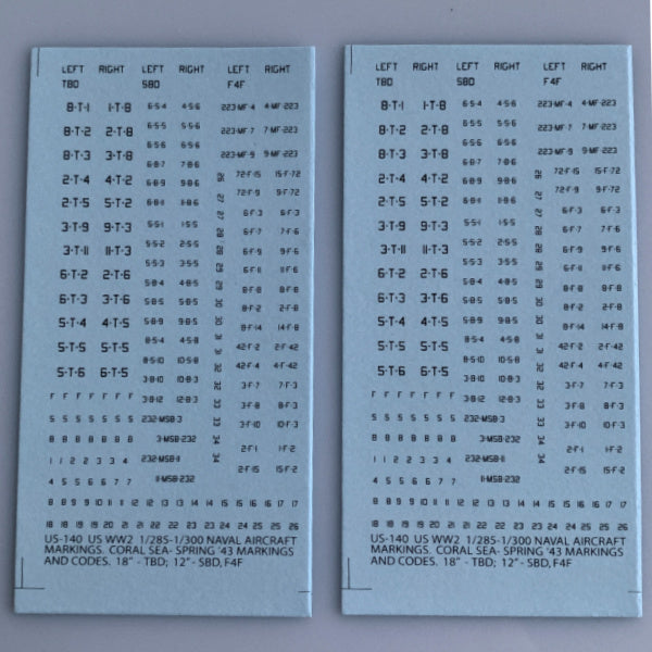 US-140 Decal Sheet, US WW2 Carrier aircraft markings, Coral Sea- Torch. Black lettering