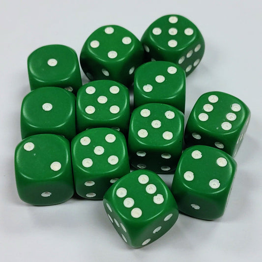 Opaque 16mm Dice w/ Rounded Corners Green w/ White Pips (12 Pk)