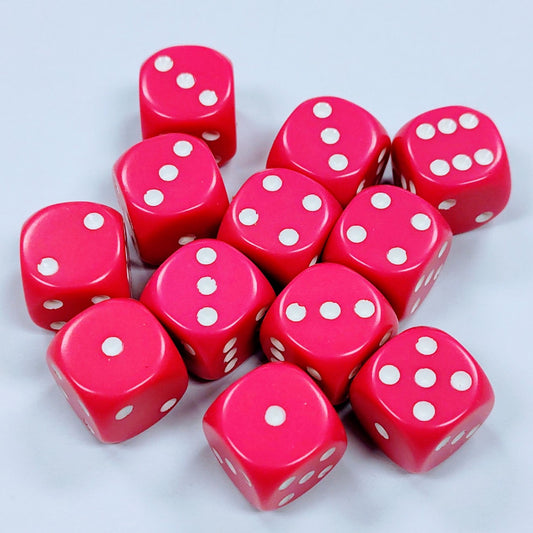 Opaque 16mm Dice w/ Rounded Corners Pink w/White Pips (Vortex) (12 Pk)