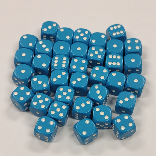 Opaque 12mm Dice w/ Rounded Corners Light Blue w/ White Pips (36 Pk)