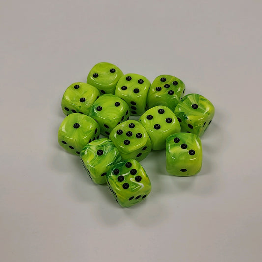 Opaque 16mm Dice w/ Rounded Corners Green w/Black Pips (Vortex) (12 Pk)