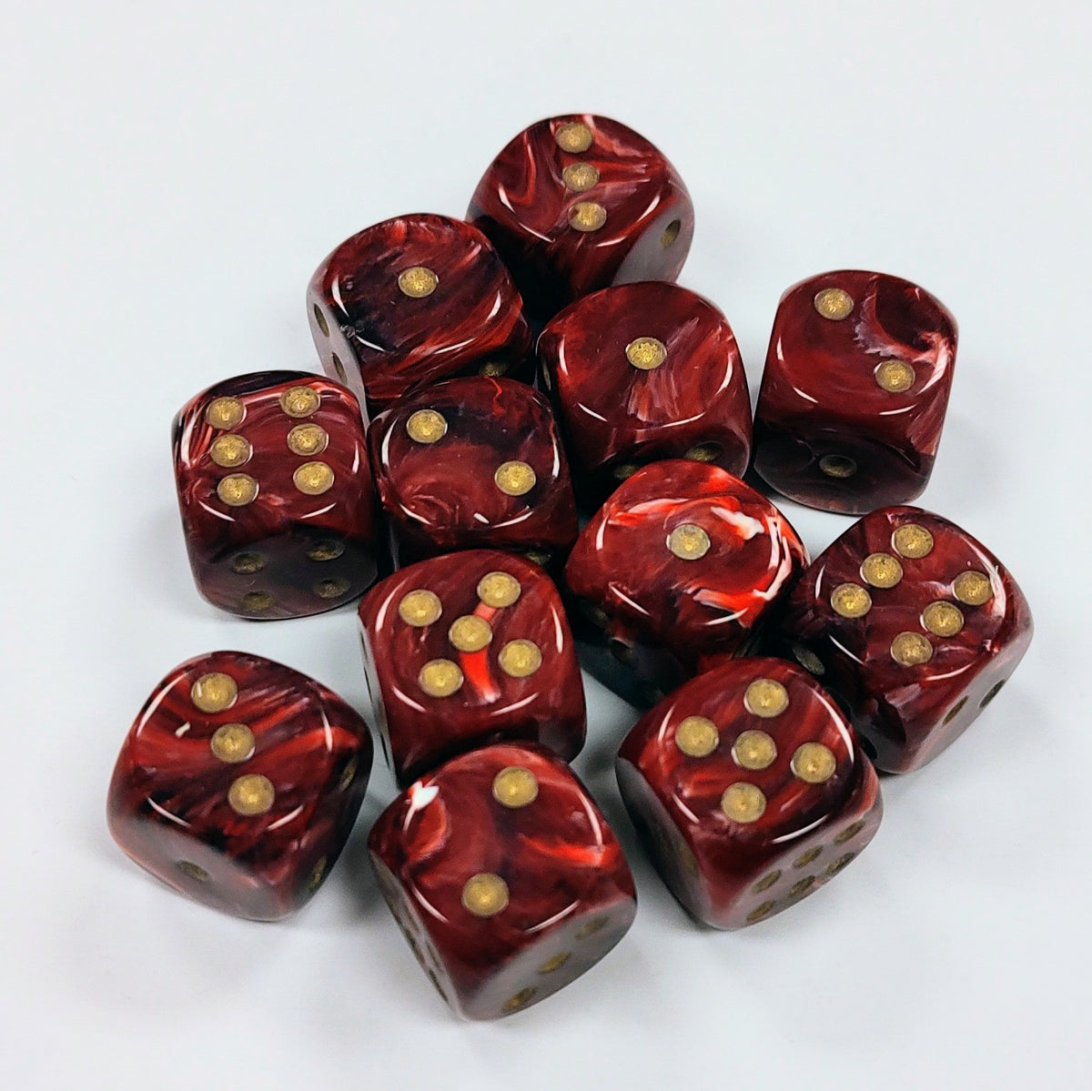 Opaque 16mm Dice w/ Rounded Corners Burgundy w/ Gold Pips ( Vortex) (12 Pk)