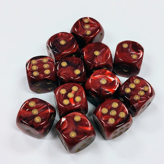 Opaque 16mm Dice w/ Rounded Corners Burgundy w/ Gold Pips ( Vortex) (12 Pk)