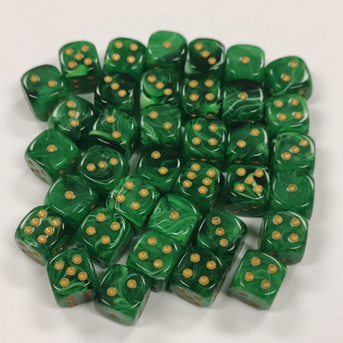 Opaque 12mm Dice w/ Rounded Corners Green w/Gold Pips (Vortex) (36 Pk)