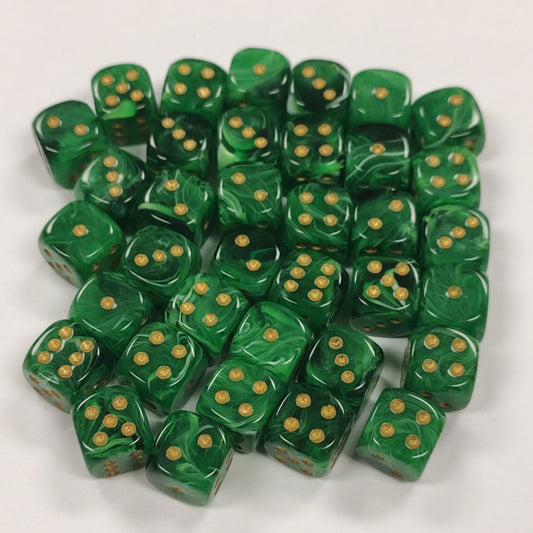 Opaque 12mm Dice w/ Rounded Corners Green w/Gold Pips (Vortex) (36 Pk)
