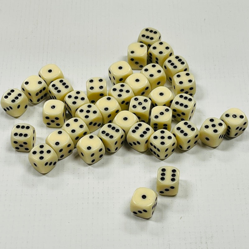 Opaque 12mm Dice w/ Rounded Corners Ivory w/Black Pips (36 Pk)