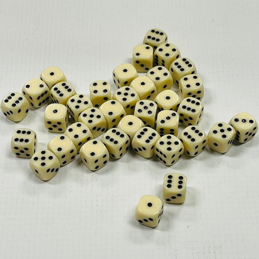 Opaque 12mm Dice w/ Rounded Corners Ivory w/Black Pips (36 Pk)