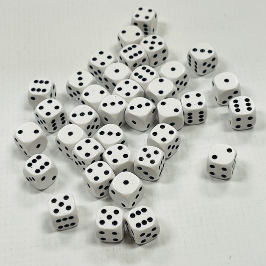 Opaque 12mm Dice w/ Rounded Corners White w/Black Pips (36 Pk)